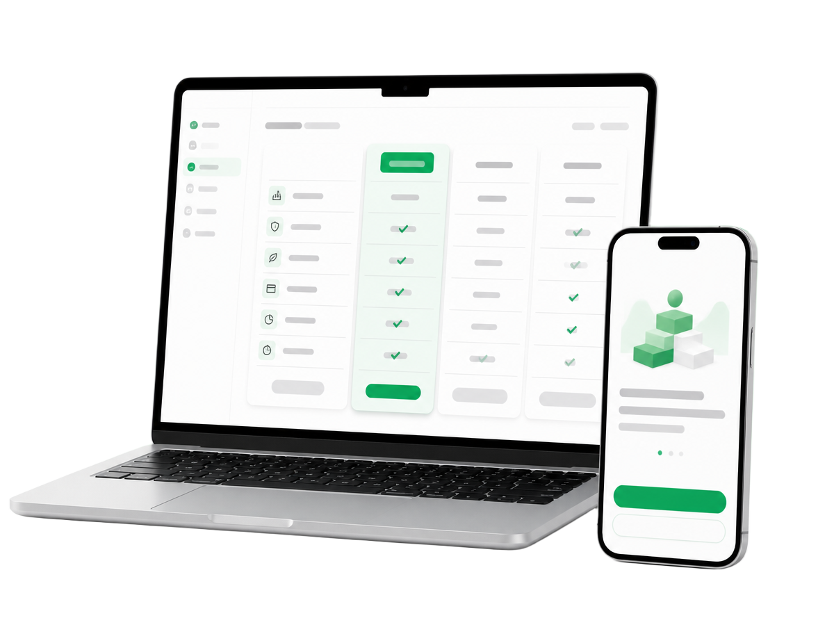 Laptop showing the StockmanHub broker comparison table beside a phone showing broker onboarding