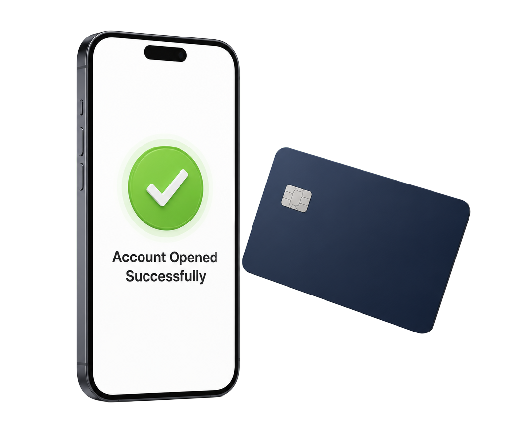 Smartphone showing a successfully opened StockmanHub brokerage account beside a bank card